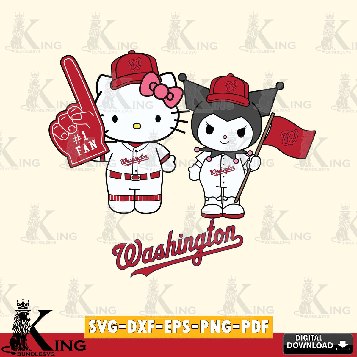 Ultimate set containing Washington Nationals Hello Kitty Kuromi Fan Baseball SVG PNG files perfect for Cricut and Silhouette