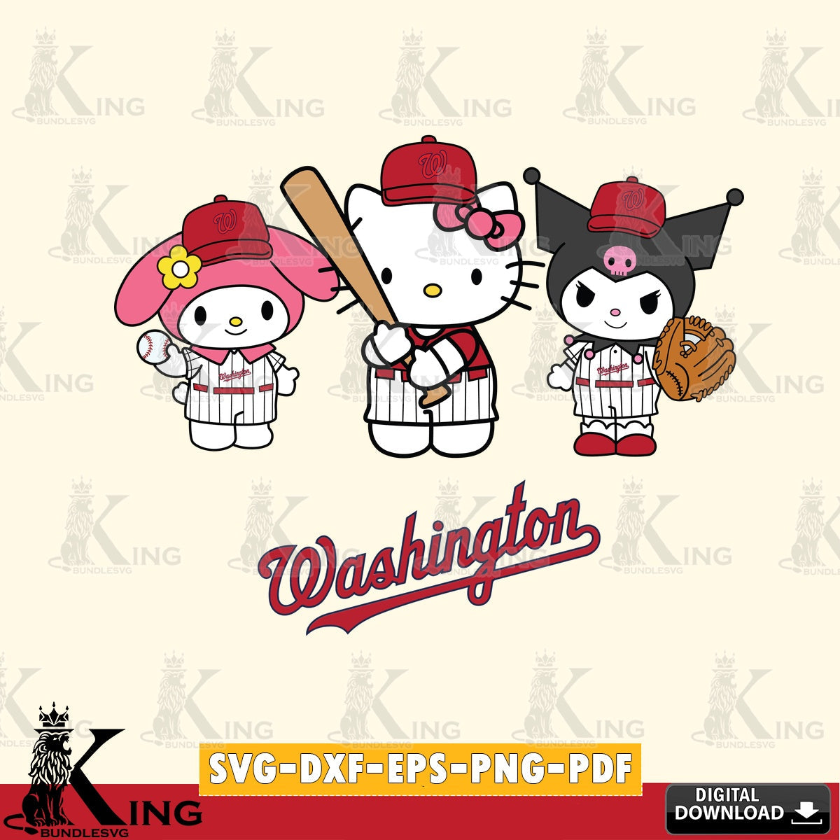 Modern graphic depicting Washington Nationals Kawaii baseball team for Cricut, a digital PDF cut file, PNG clipart for