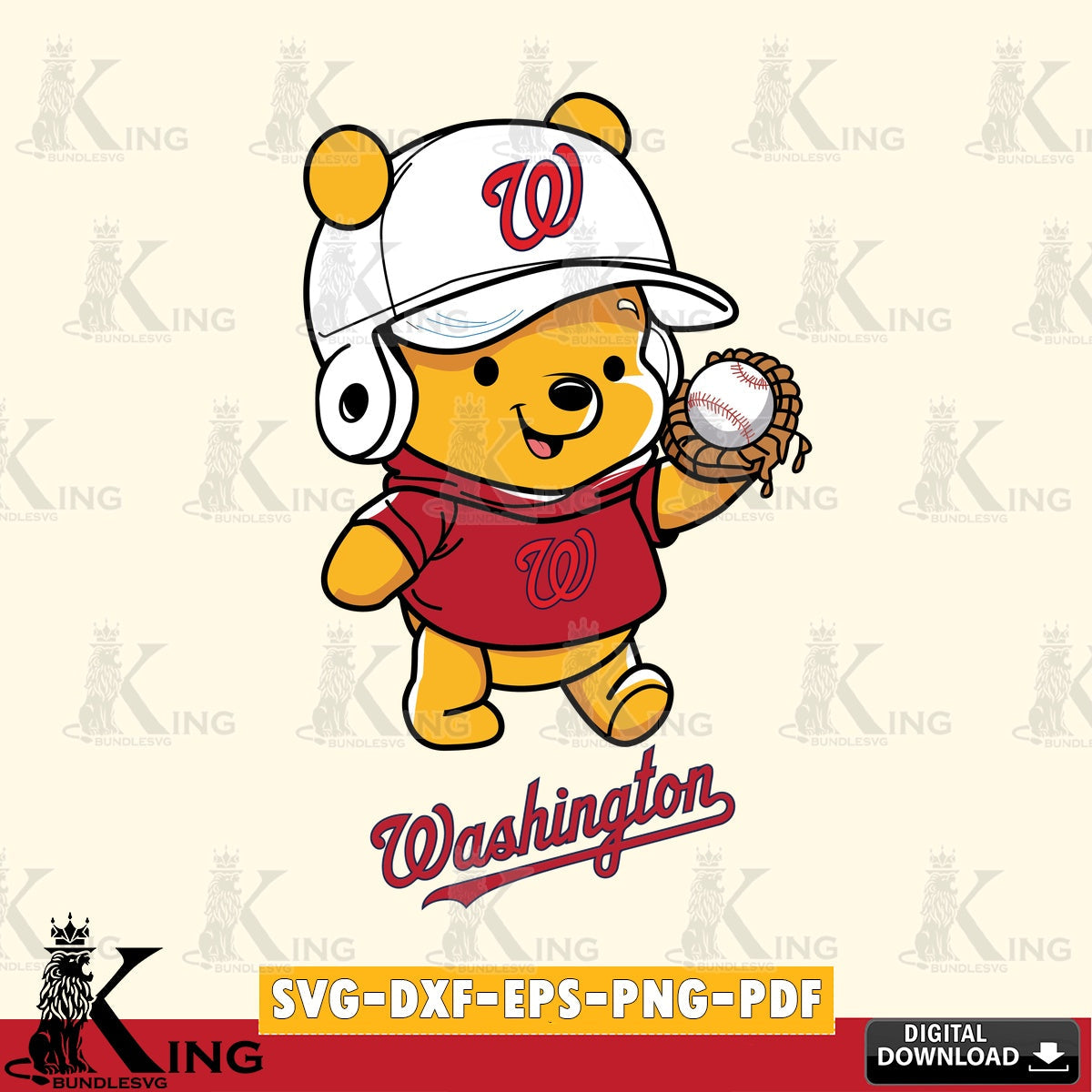Beautiful illustration of Washington Nationals Pooh Bear playing baseball as a digital file for silhouette cameo and cricut