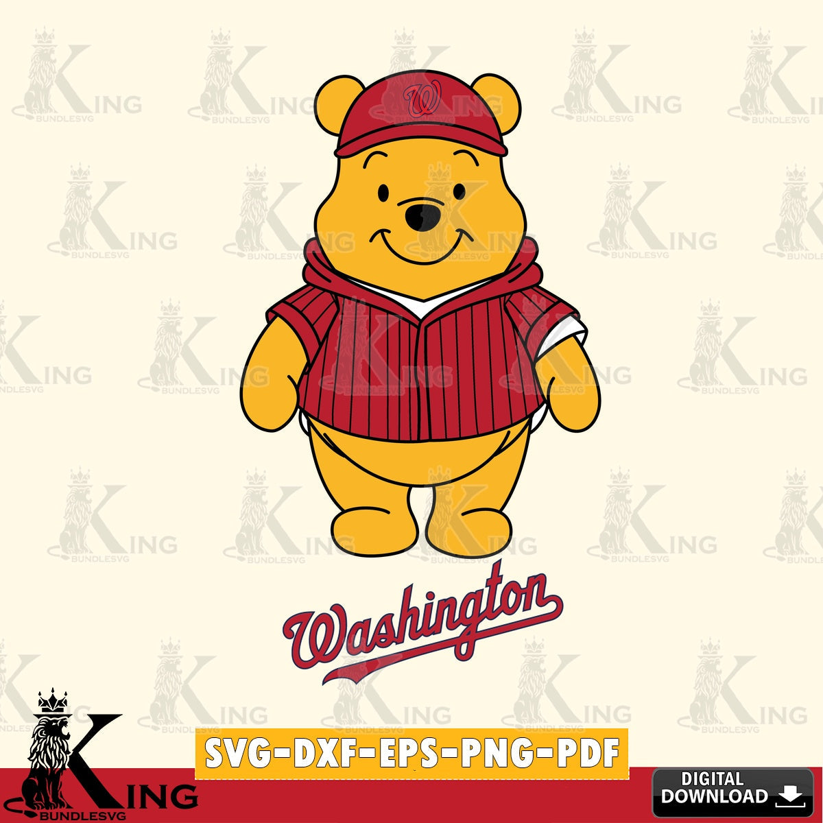 Digital download featuring Washington Nationals Pooh Bear baseball mascot SVG cut file for personalized gifts and laser projects