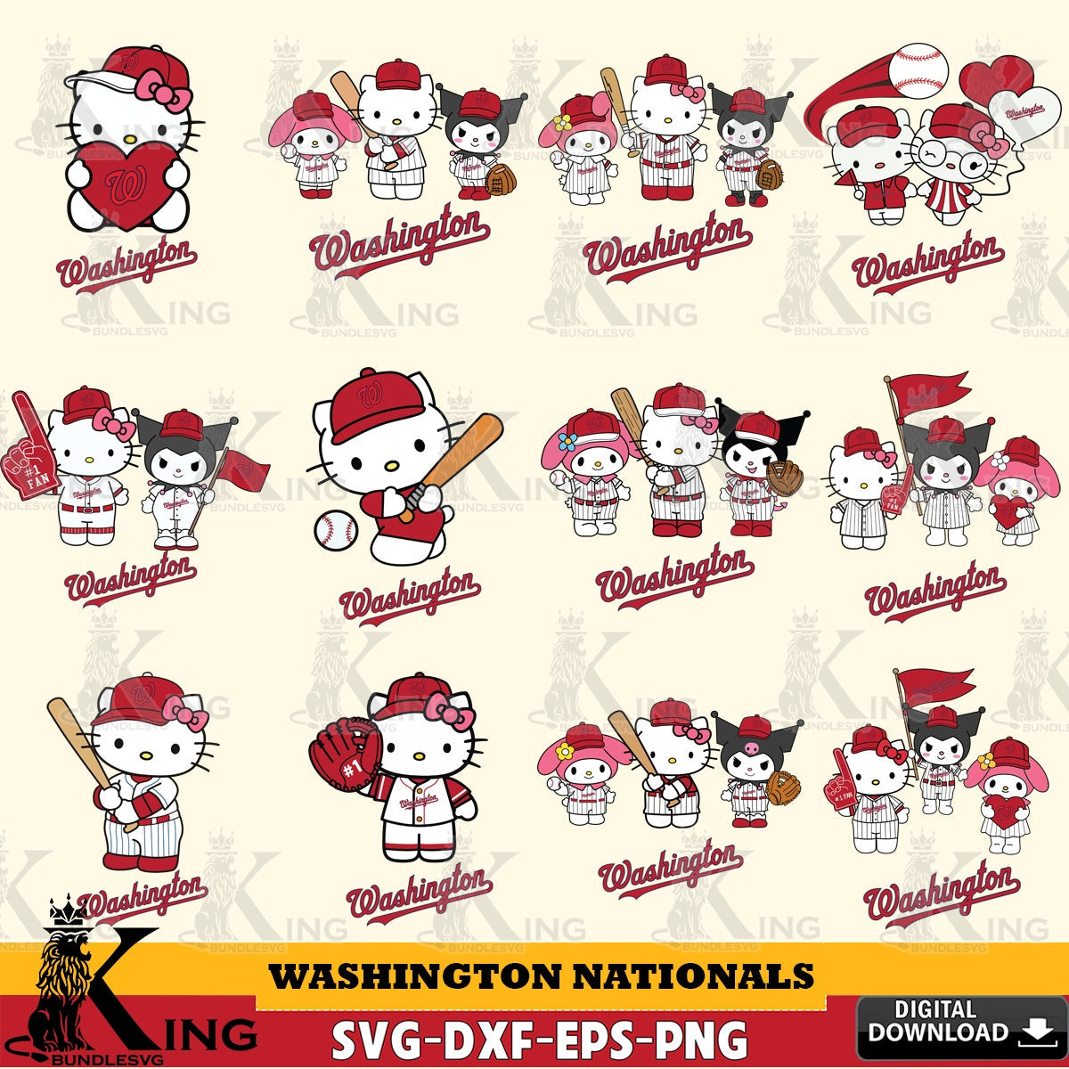 Massive pack of Washington Nationals Sanrio Squad Baseball MLB Bundle cut file ideal for vinyl projects and T-shirt printing