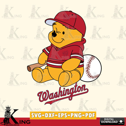 Hand-drawn style art of Washington Nationals Winnie the Pooh baseball, digital download for Cricut Maker and paper crafts
