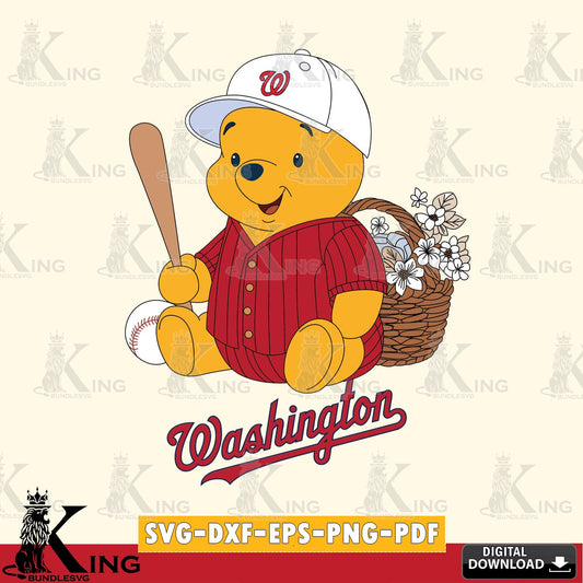 Eye-catching graphic of Washington Nationals Winnie the Pooh Flower Baseball SVG cut file for personalized gifts and laser