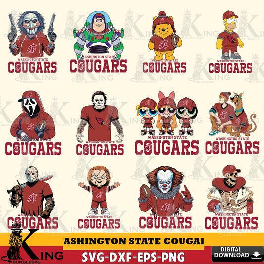 Massive pack of Washington State Cougars Cartoon Football NCAA bundle, versatile clip art for stickers, decals, and mugs.