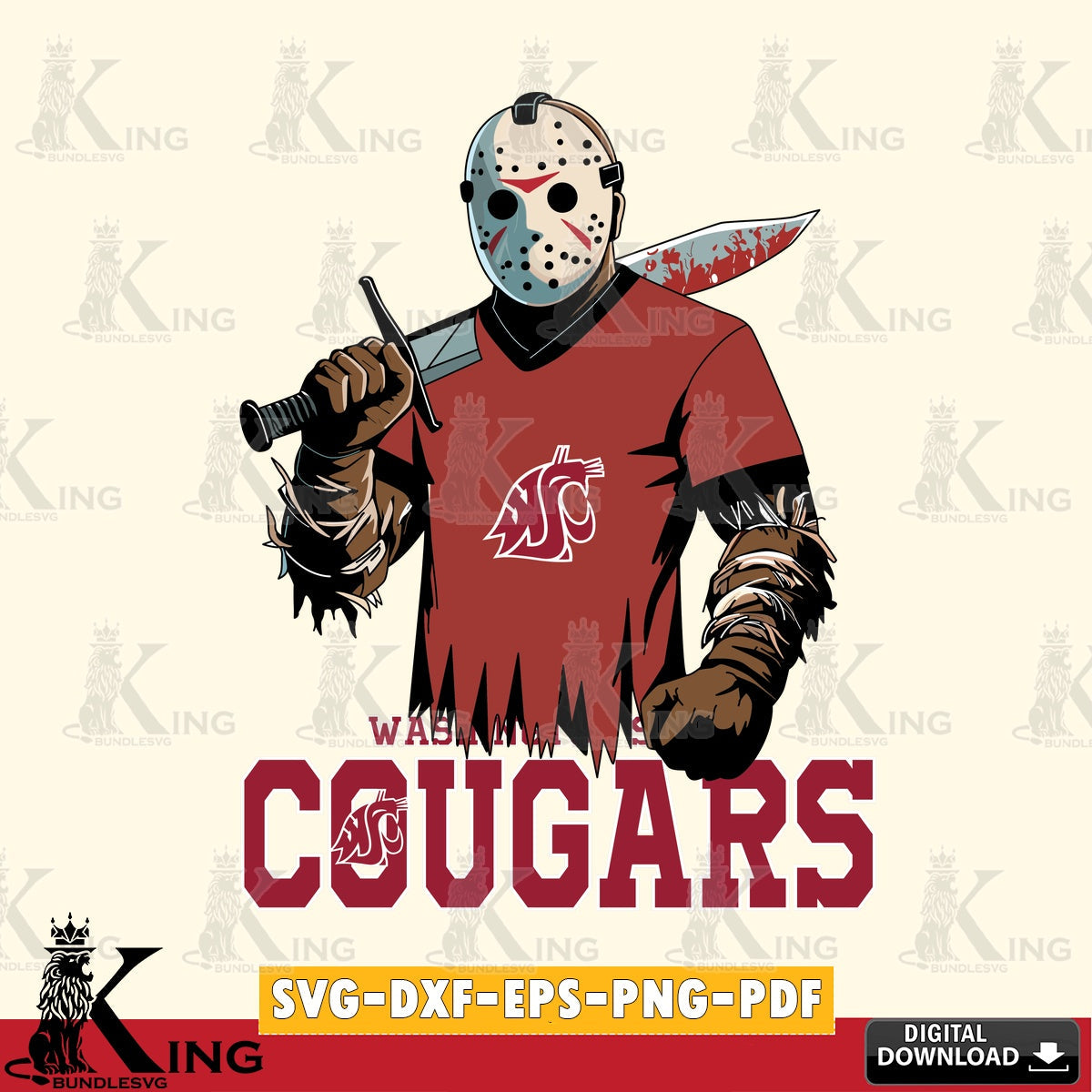 Hand-drawn style art of Washington State Cougars Jason Voorhees Football, NCAA SVG PNG files perfect for Cricut and Silhouette