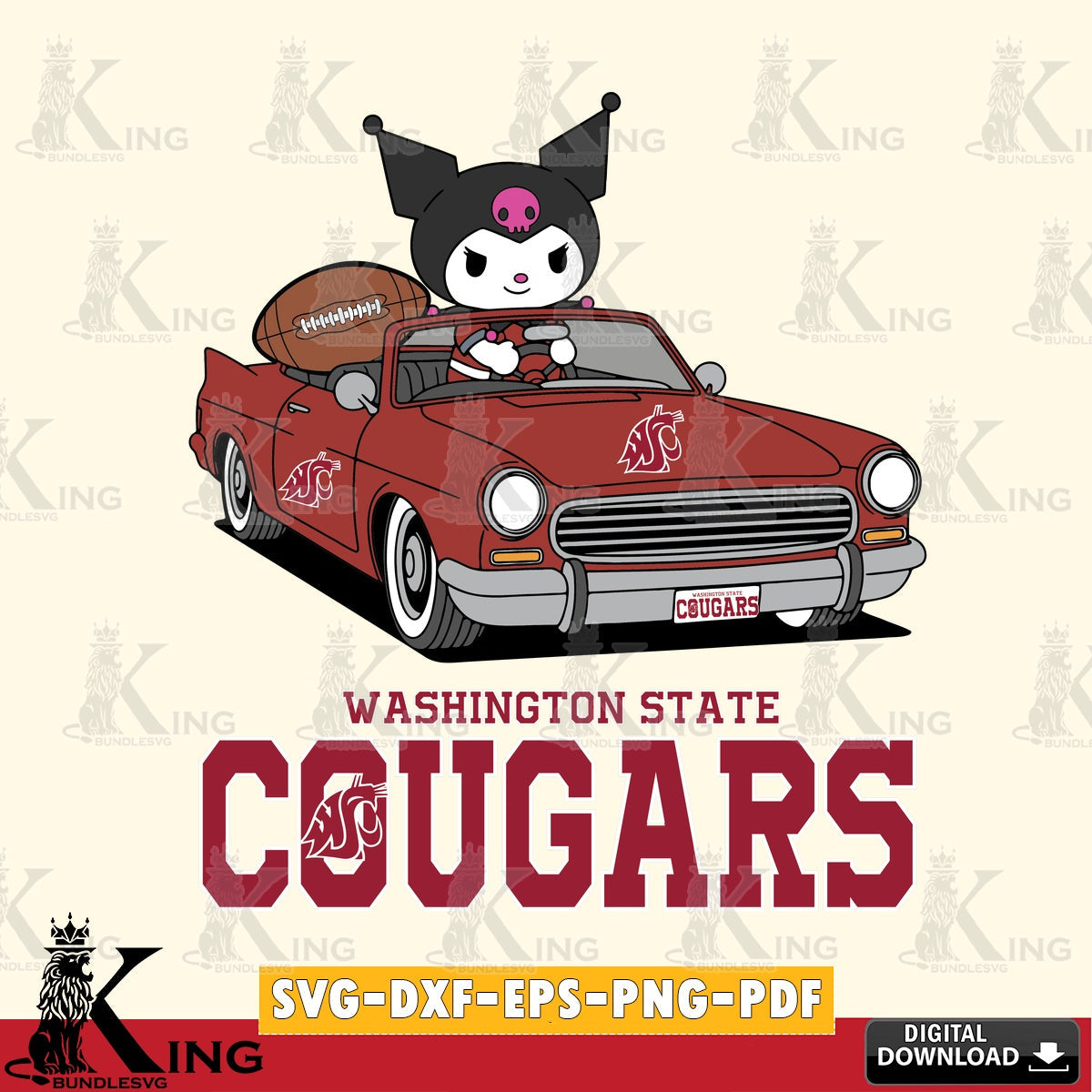Washington State Cougars Kuromi Car Football Game SVG file, Cricut, Cut file  , Digital Download , Instant Download, Sanrio svg, Clipart