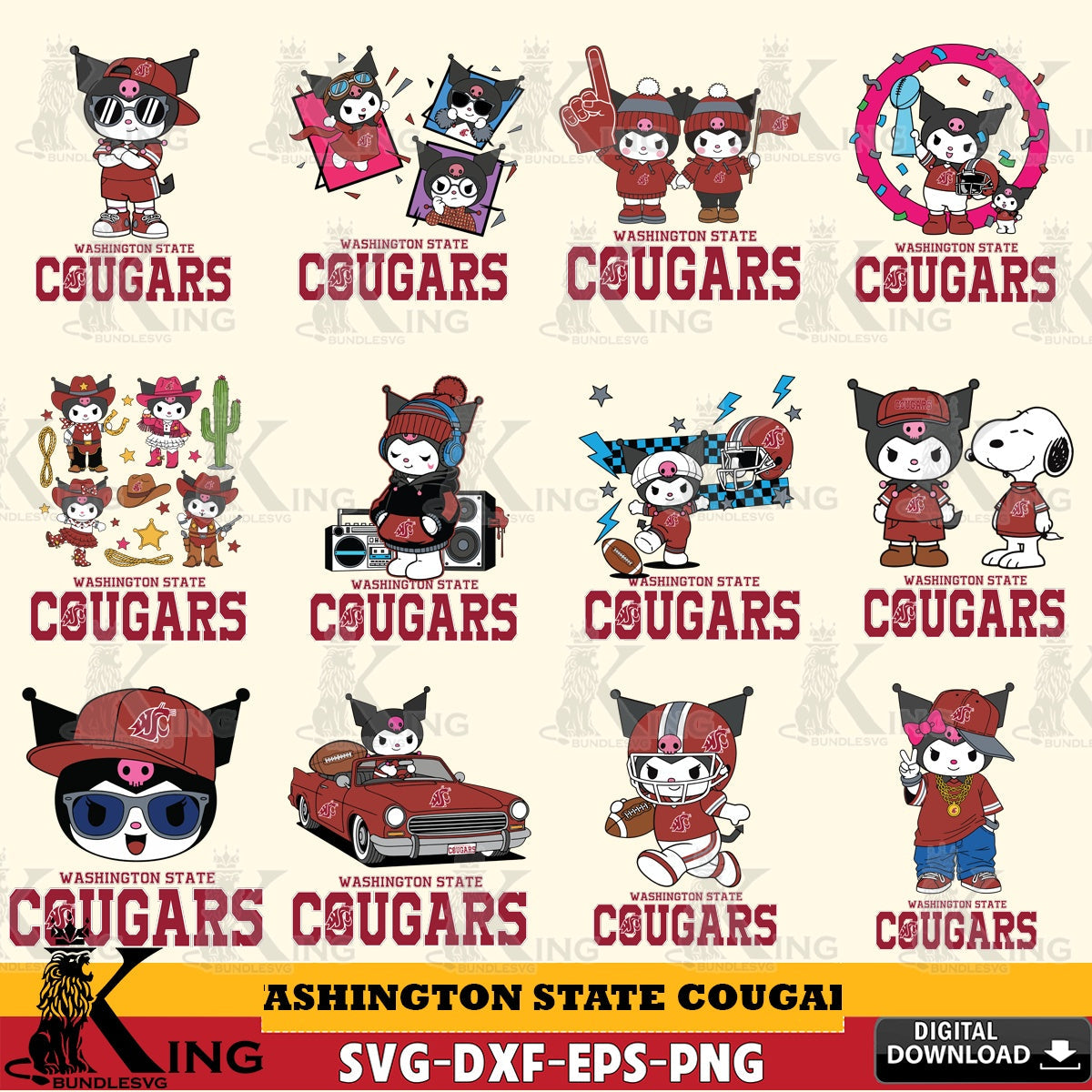 Washington State Cougars Kuromi Football Jersey NCAA Bundle SVG file, Cricut, Cut file  , Digital Download , Instant Download, Sanrio svg, Clipart
