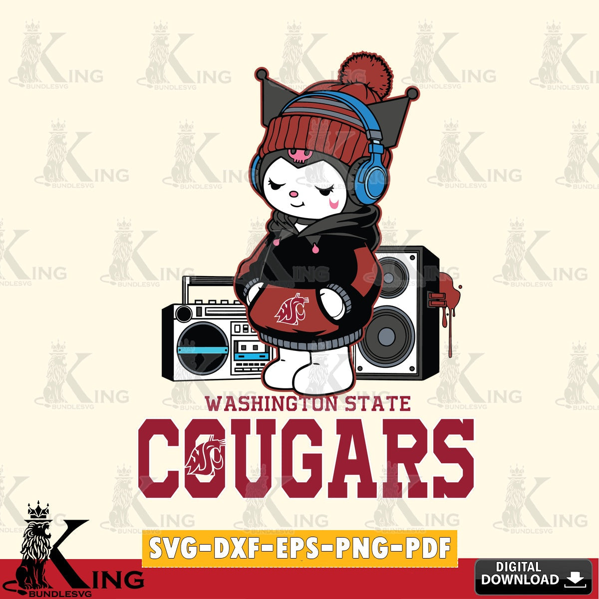 Washington State Cougars Kuromi Football Music SVG file, Cricut, Cut file  , Digital Download , Instant Download, Sanrio svg, Clipart