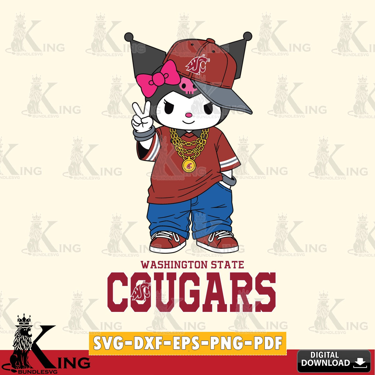 Washington State Cougars Kuromi Streetwear Style SVG file, Cricut, Cut file  , Digital Download , Instant Download, Sanrio svg, Clipart