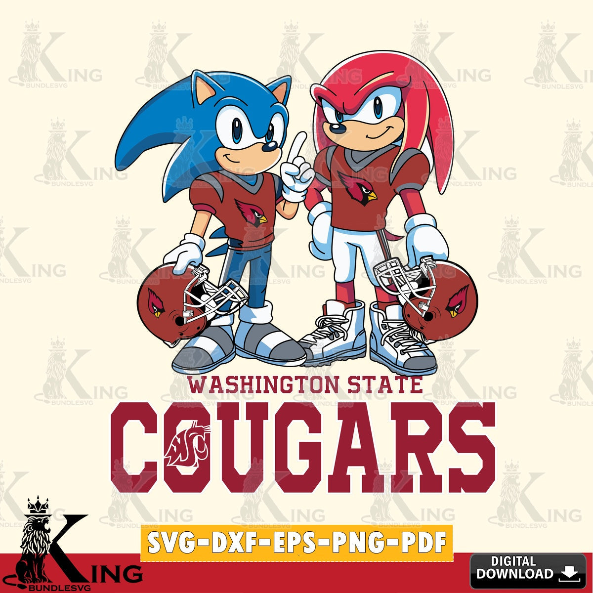 Modern graphic depicting Washington State Cougars Sonic And Knuckles Football, SVG PNG files perfect for Cricut and Silhouette