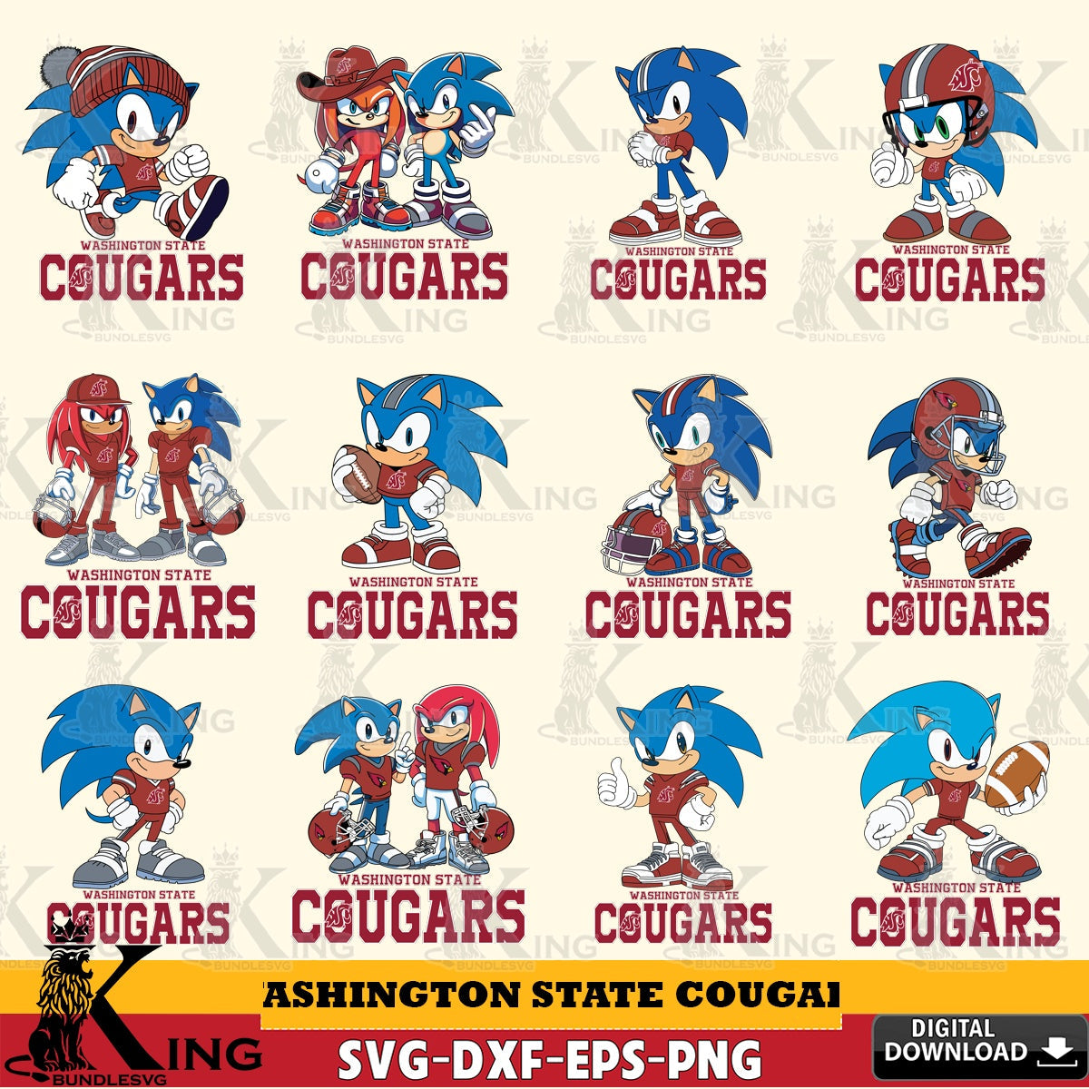 Variety pack of Washington State Cougars Sonic & Knuckles NCAA Football Bundle digital download for Cricut Maker and paper crafts