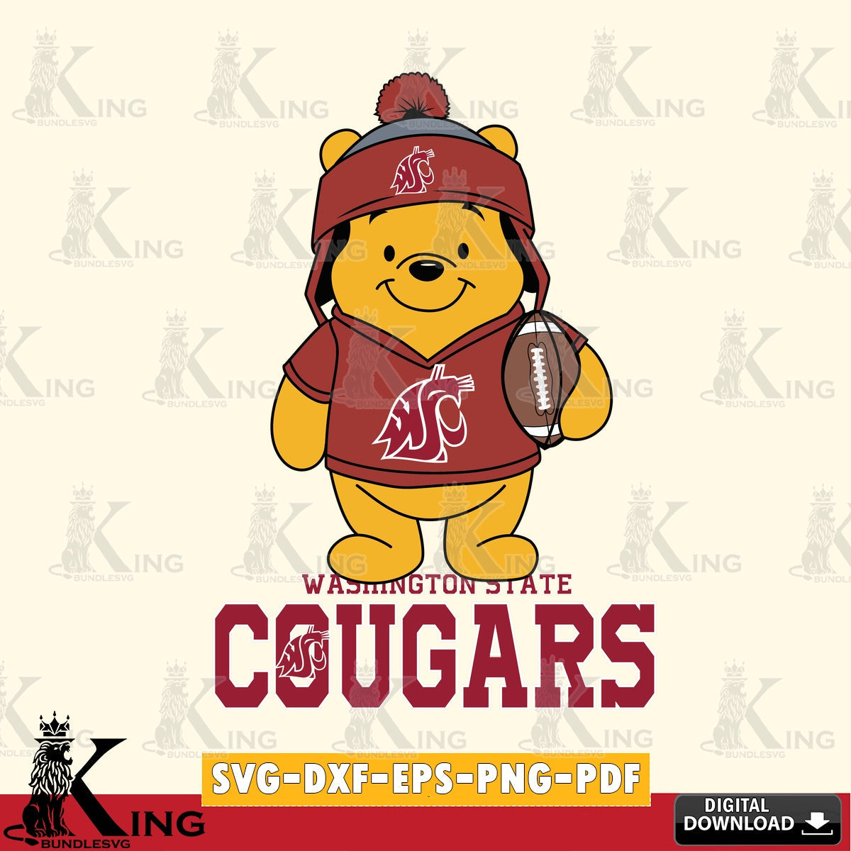 Artistic drawing of a Washington State Cougars Winnie the Pooh football player, crafting file for iron-on transfer and vinyl