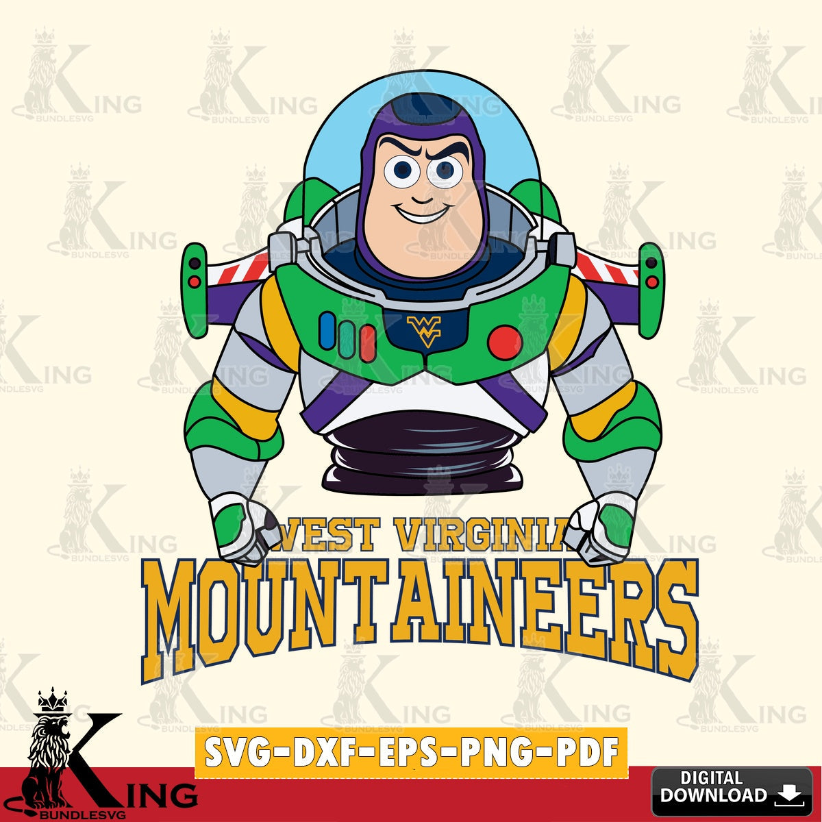 Digital download featuring West Virginia Mountaineers Buzz Lightyear football, a vector illustration for POD merchandise and