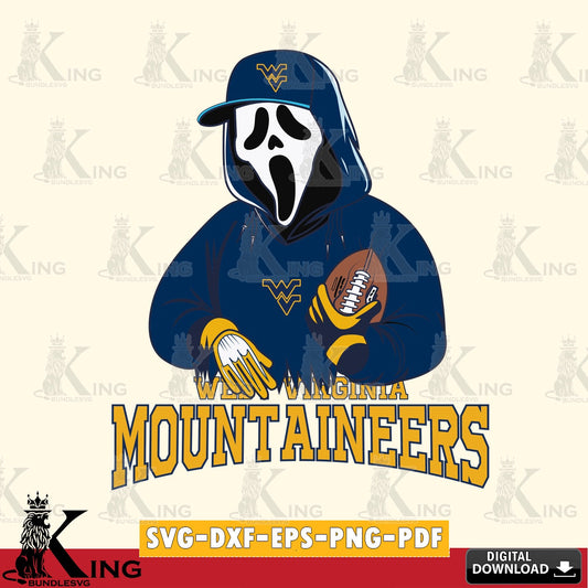 Beautiful illustration of West Virginia Mountaineers Ghostface Scream player football, versatile clip art for stickers, decals,