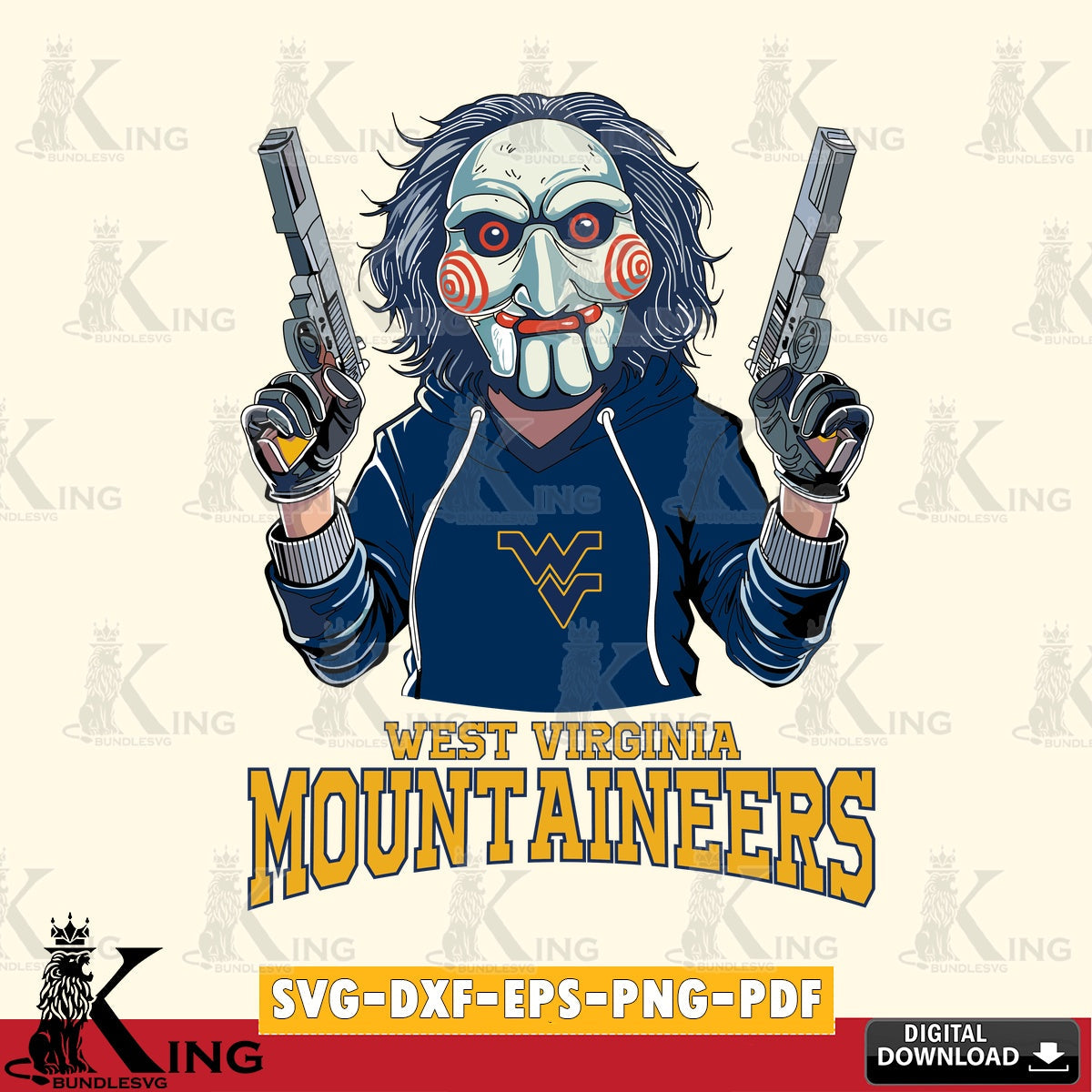 Modern graphic depicting the West Virginia Mountaineers Jigsaw Billy Football, crafting file for iron-on transfer and vinyl