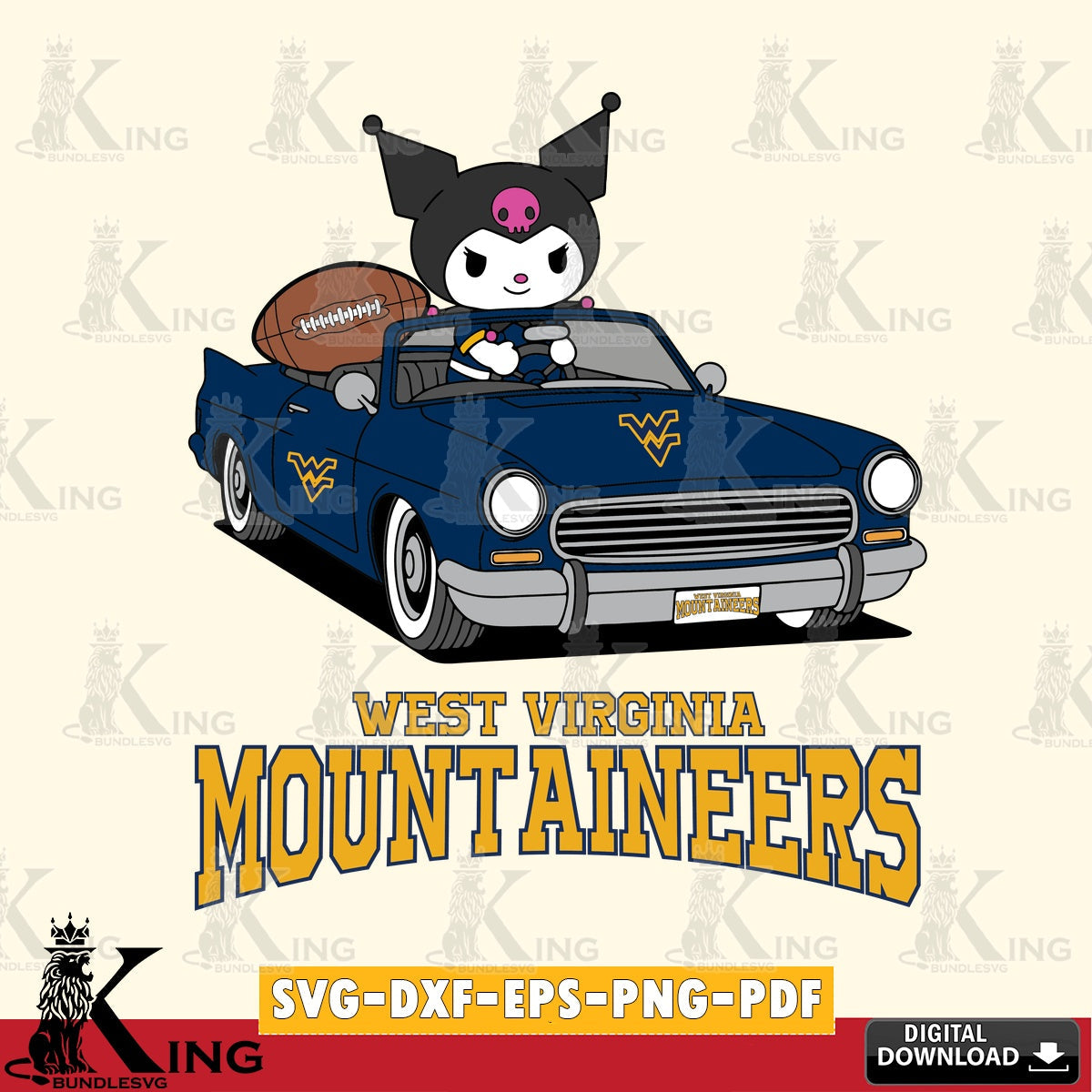 West Virginia Mountaineers Kuromi Car Football Game SVG file, Cricut, Cut file  , Digital Download , Instant Download, Sanrio svg, Clipart