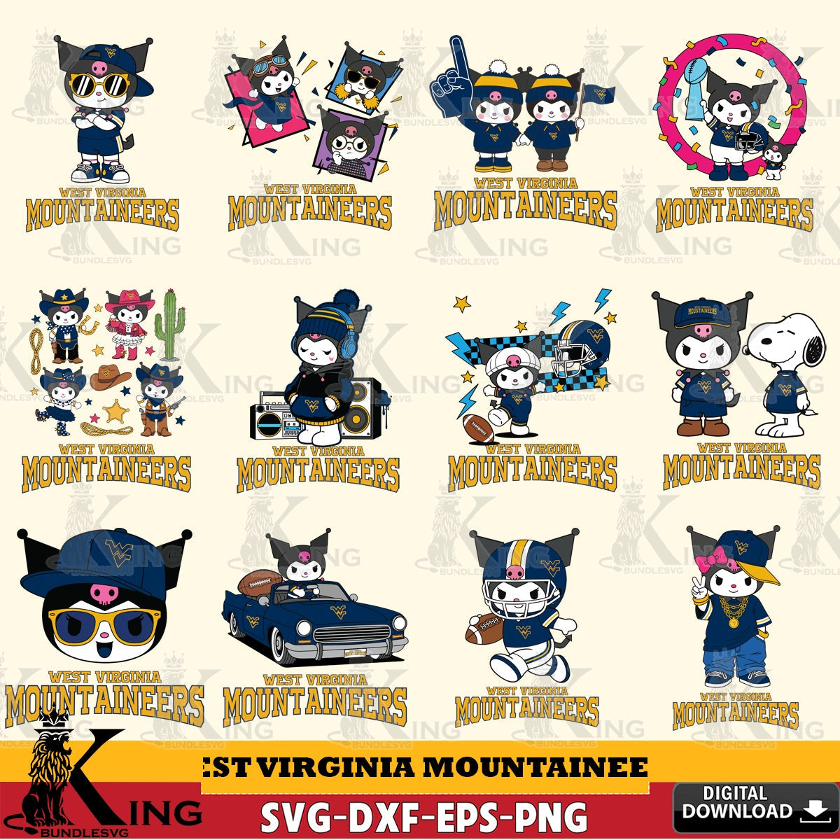 West Virginia Mountaineers Kuromi Football Jersey NCAA Bundle SVG file, Cricut, Cut file  , Digital Download , Instant Download, Sanrio svg, Clipart