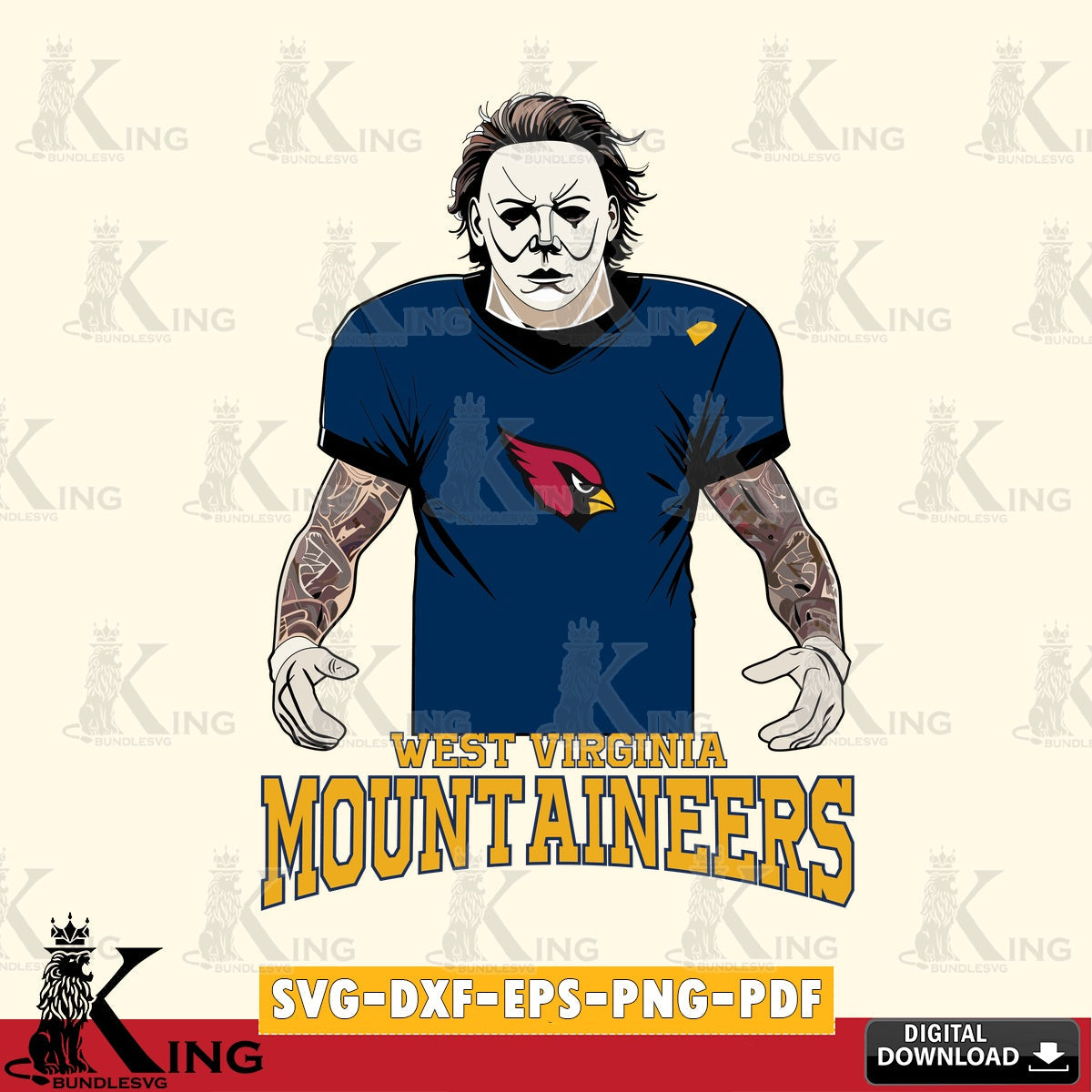 Printable art of West Virginia Mountaineers Michael Myers Tattoo Football, digital clipart compatible with laser engraving and