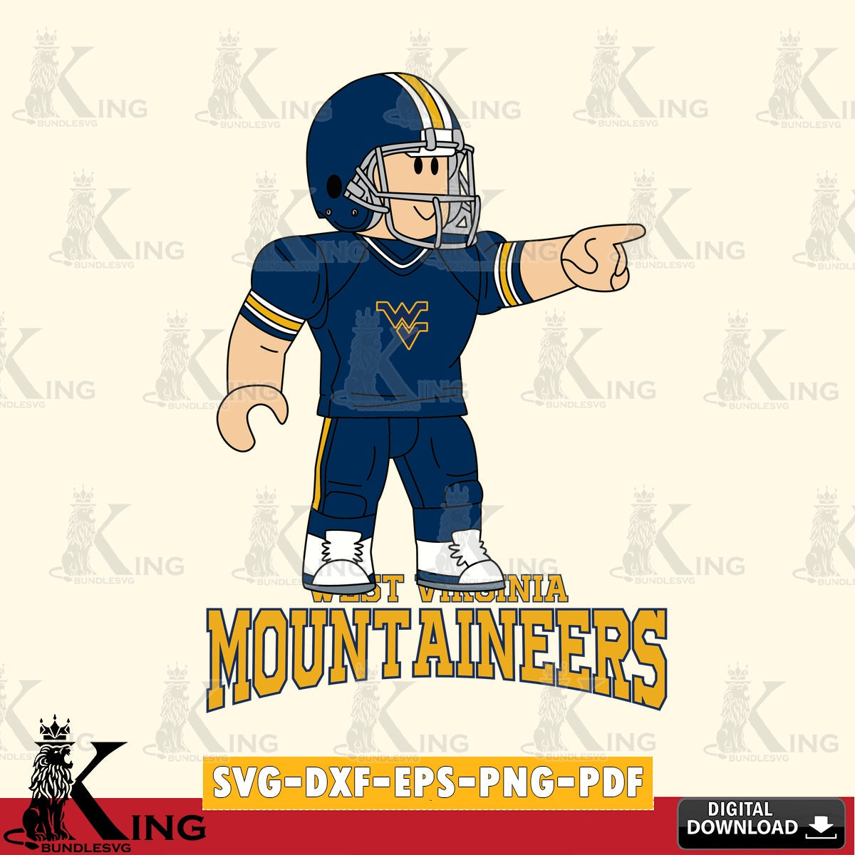 Modern graphic depicting a West Virginia Mountaineers Roblox player in a football scene, cut file ideal for vinyl projects and