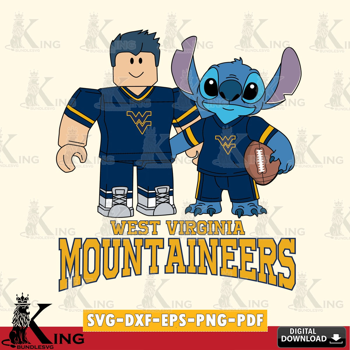 West Virginia Mountaineers Roblox & Stitch Football SVG file , NCAA Cricut,  File cut , Digital Download , PDF File