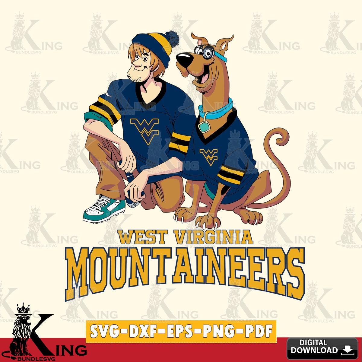 High-quality graphic of West Virginia Mountaineers Shaggy and Scooby Doo football, NCAA, SVG PNG design suitable for Glowforge