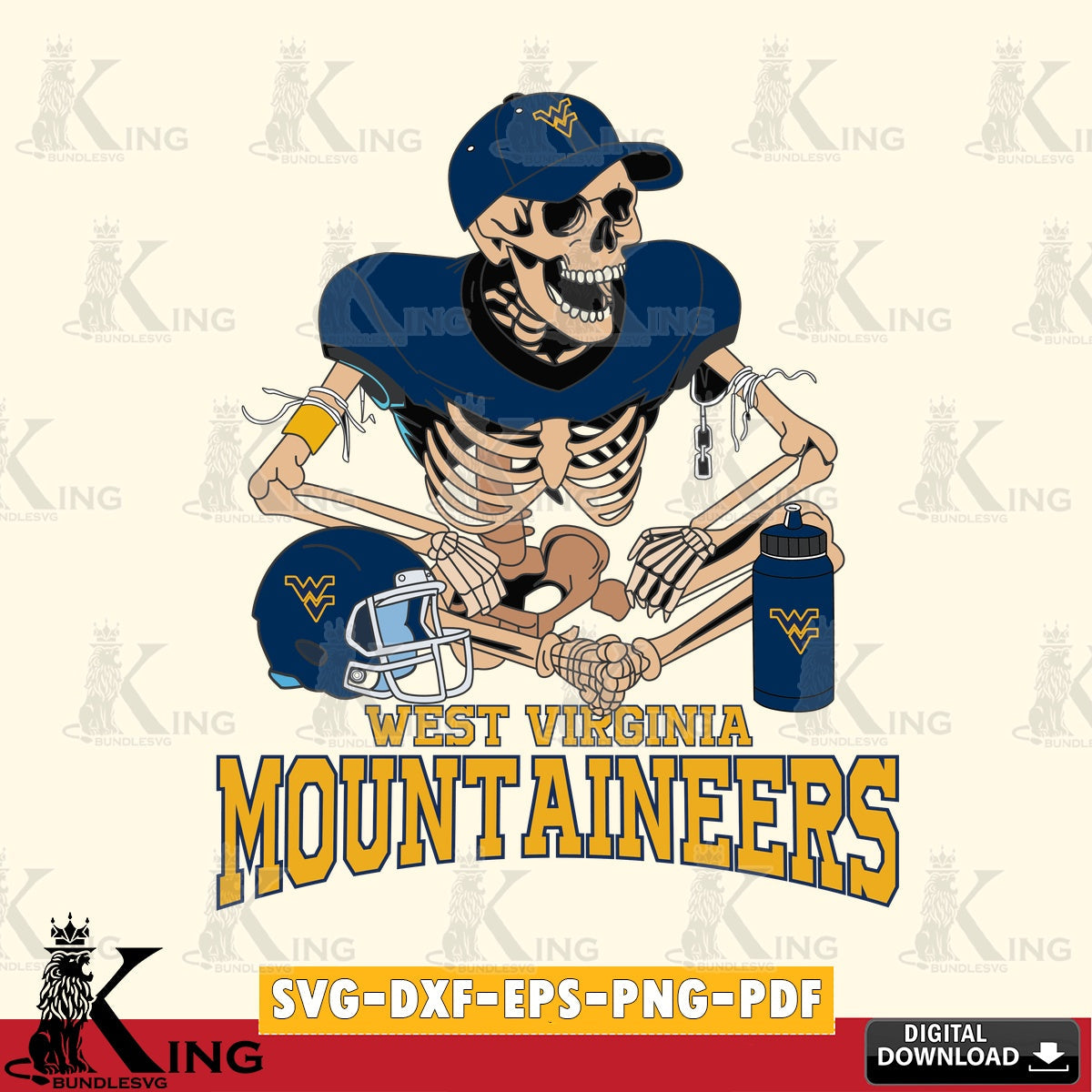 Beautiful illustration of a West Virginia Mountaineers skeleton football player cut file ideal for vinyl projects and T-shirt