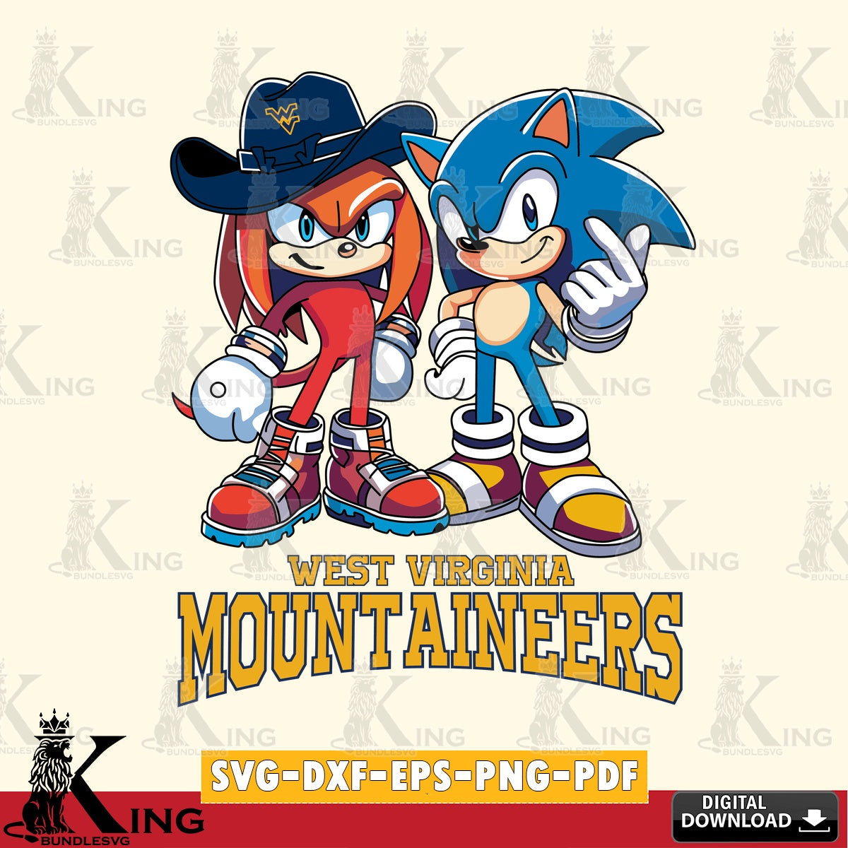 Unique artwork depicting West Virginia Mountaineers Sonic & Knuckles Football Mascot SVG PNG files perfect for Cricut and