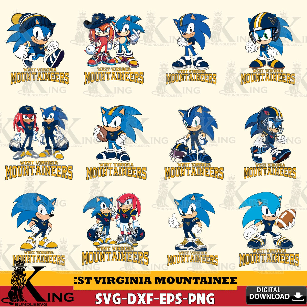 All-in-one bundle of West Virginia Mountaineers Sonic & Knuckles NCAA Football SVG PNG files perfect for Cricut and Silhouette
