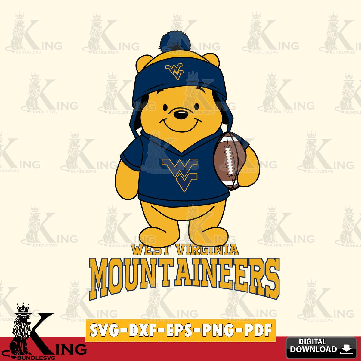 Unique artwork depicting a West Virginia Mountaineers Winnie the Pooh football player, a digital clipart compatible with laser
