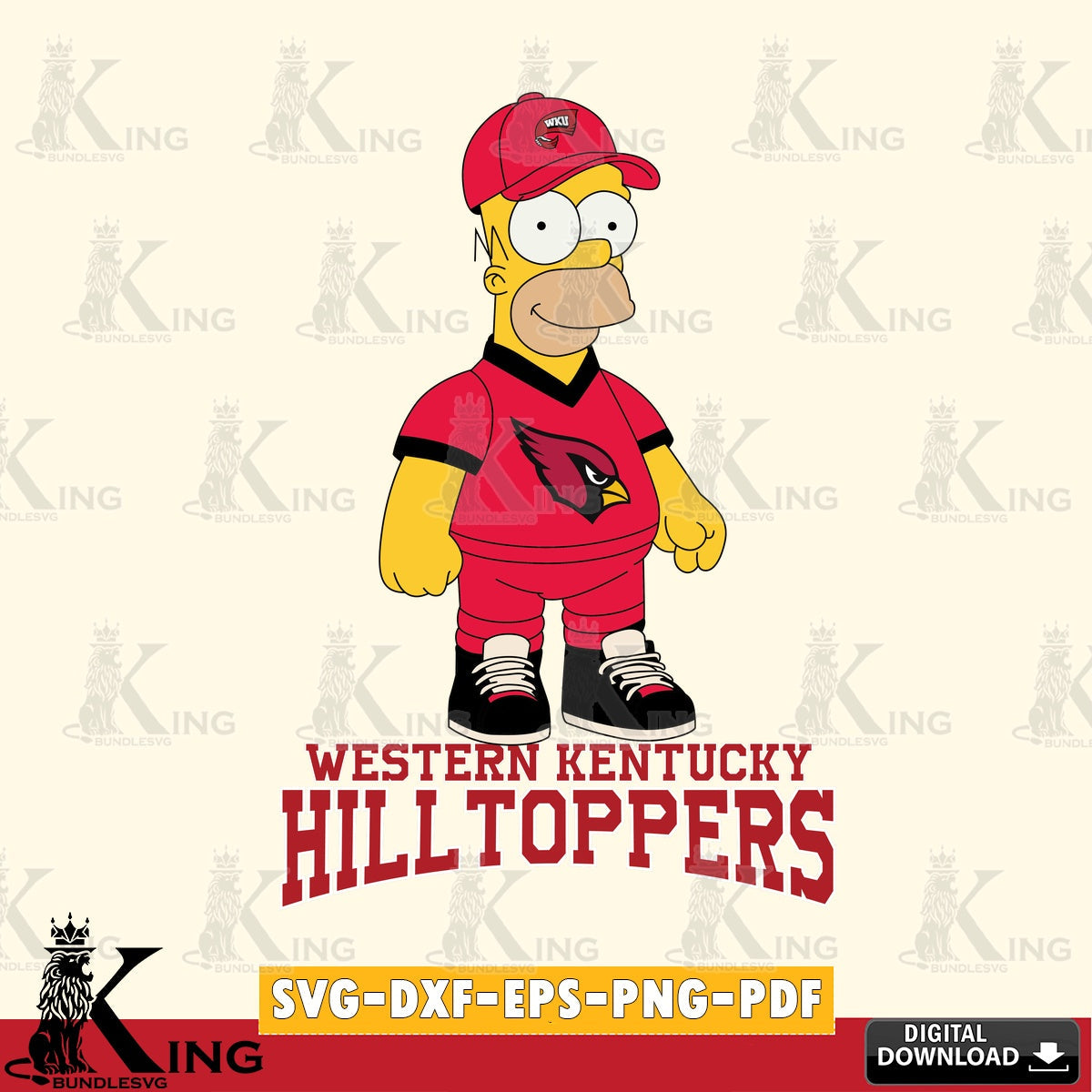 Modern graphic depicting Western Kentucky Hilltoppers Homer Simpson football, digital download for Cricut Maker and paper crafts.