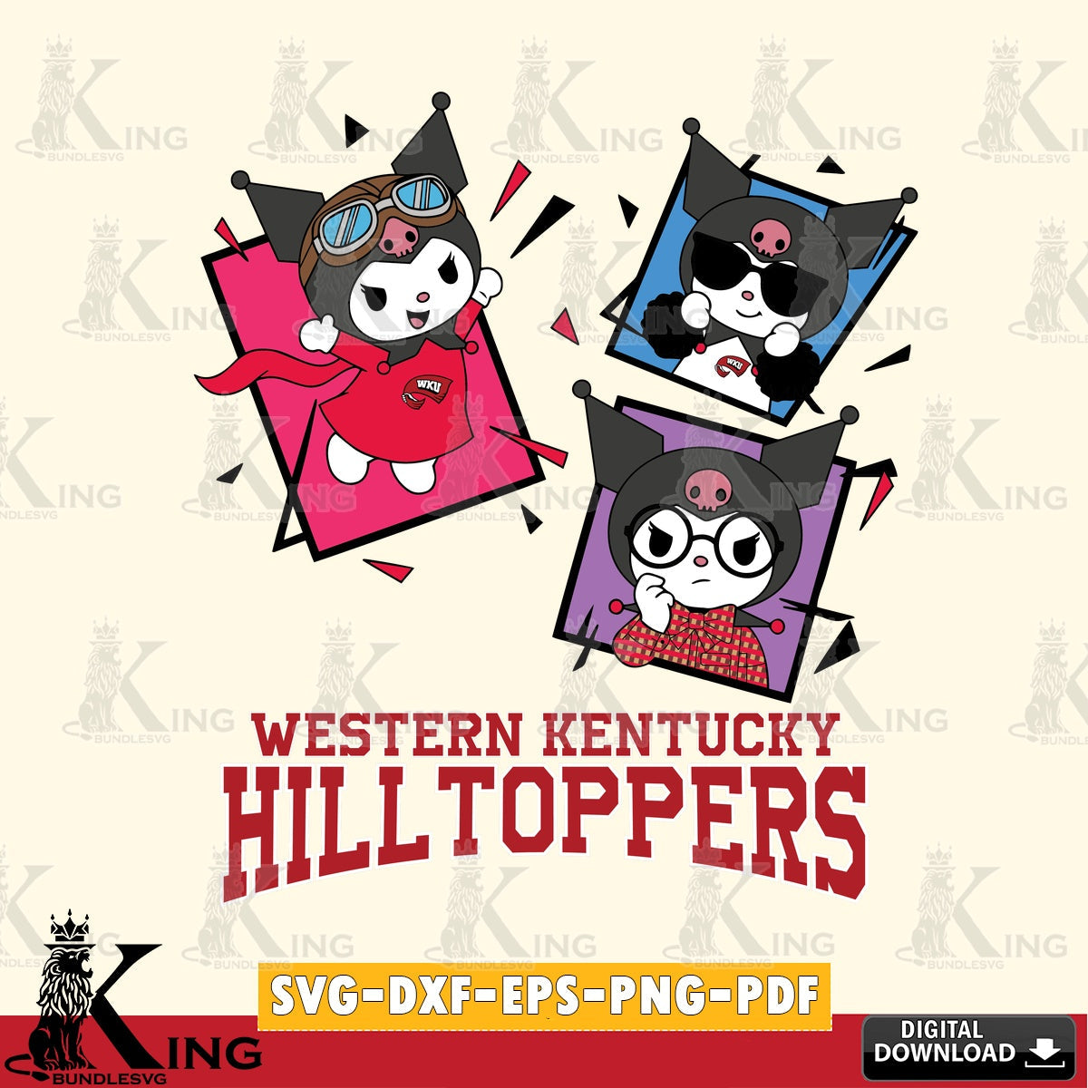 Western Kentucky Hilltoppers Kuromi Action Football SVG file, Cricut, Cut file  , Digital Download , Instant Download, Sanrio svg, Clipart