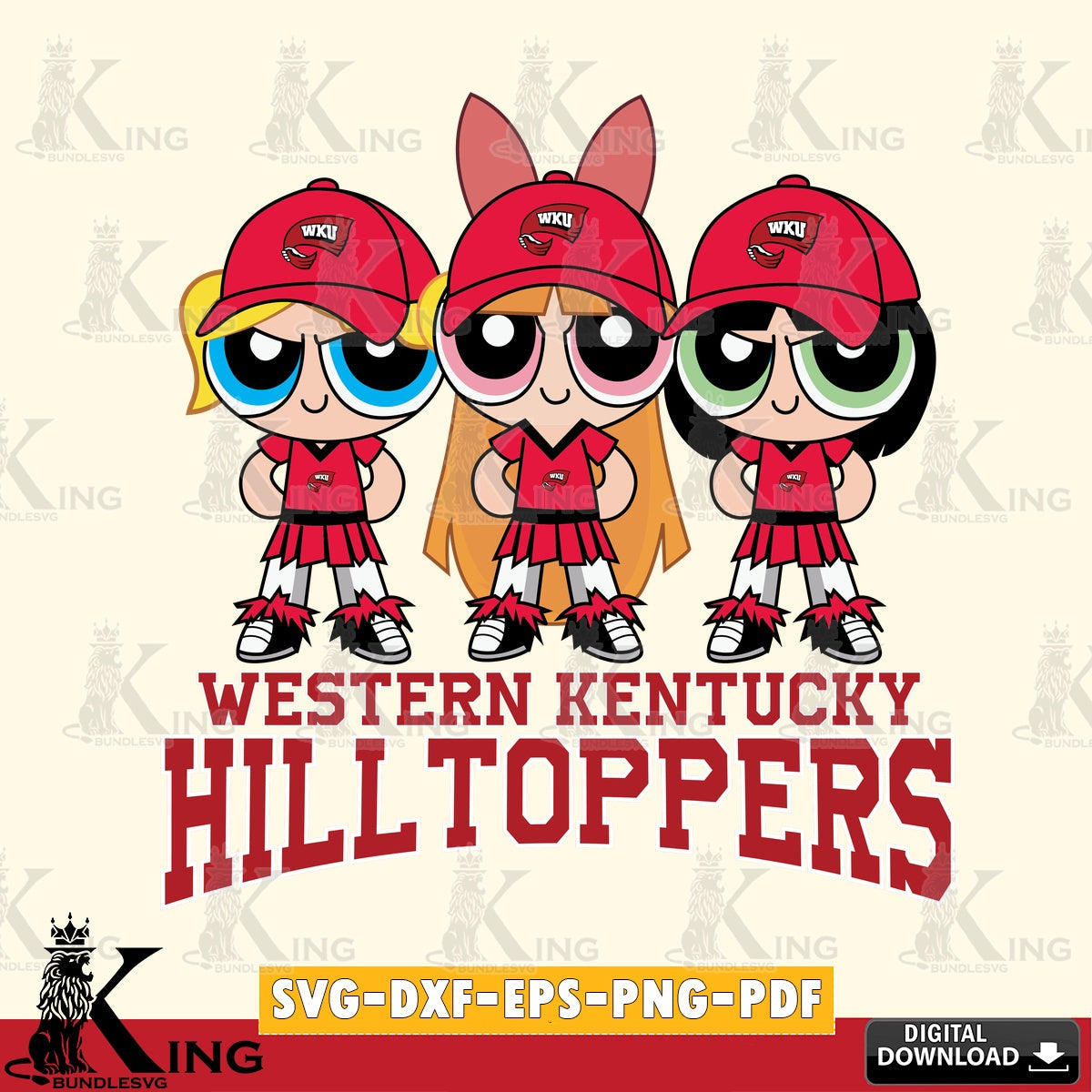Hand-drawn style art of Western Kentucky Hilltoppers PowerPuff Girls football, NCAA cut file ideal for vinyl projects and T-shirt