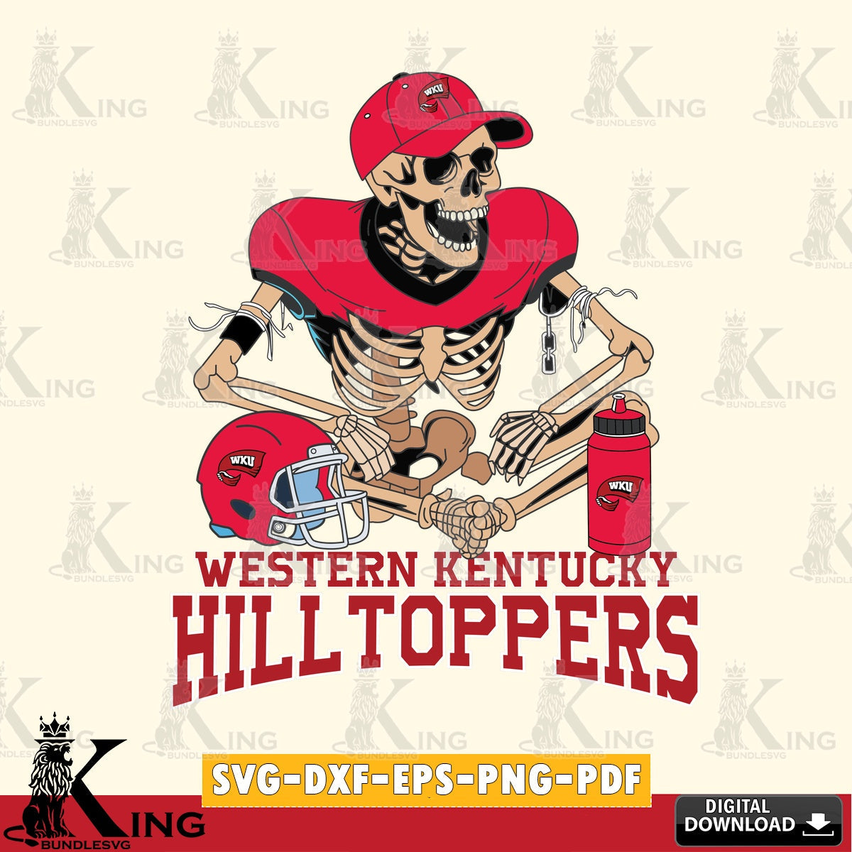 Unique artwork depicting a Western Kentucky Hilltoppers skeleton football player, vector illustration for POD merchandise and