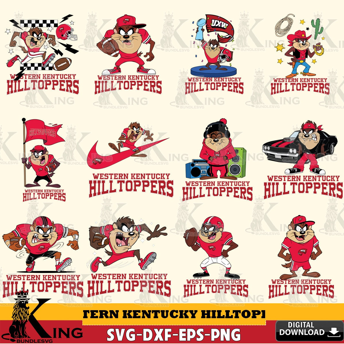 Western Kentucky Hilltoppers Taz Football NCAA Bundle SVG file, Cut file  , Digital Download , Instant Download, Taz svg, NCAA svg