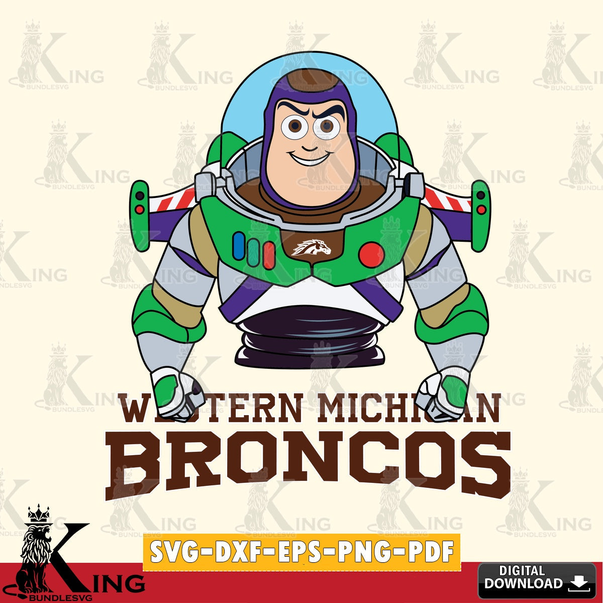 Custom design featuring Western Michigan Broncos Buzz Lightyear football, digital clipart compatible with laser engraving and
