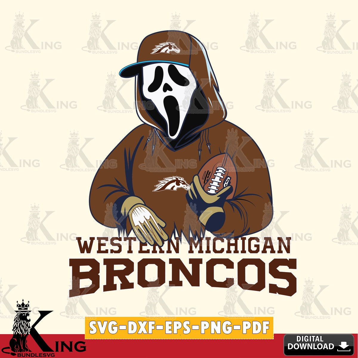 Unique artwork depicting a Western Michigan Broncos Ghostface Scream football player, SVG PNG files perfect for Cricut and