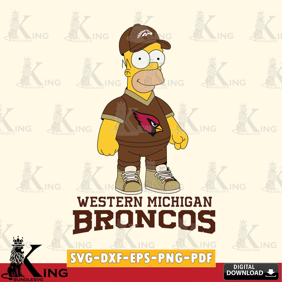 Artistic drawing of Western Michigan Broncos Homer Simpson Football, NCAA, SVG PNG design suitable for Glowforge and laser cutting