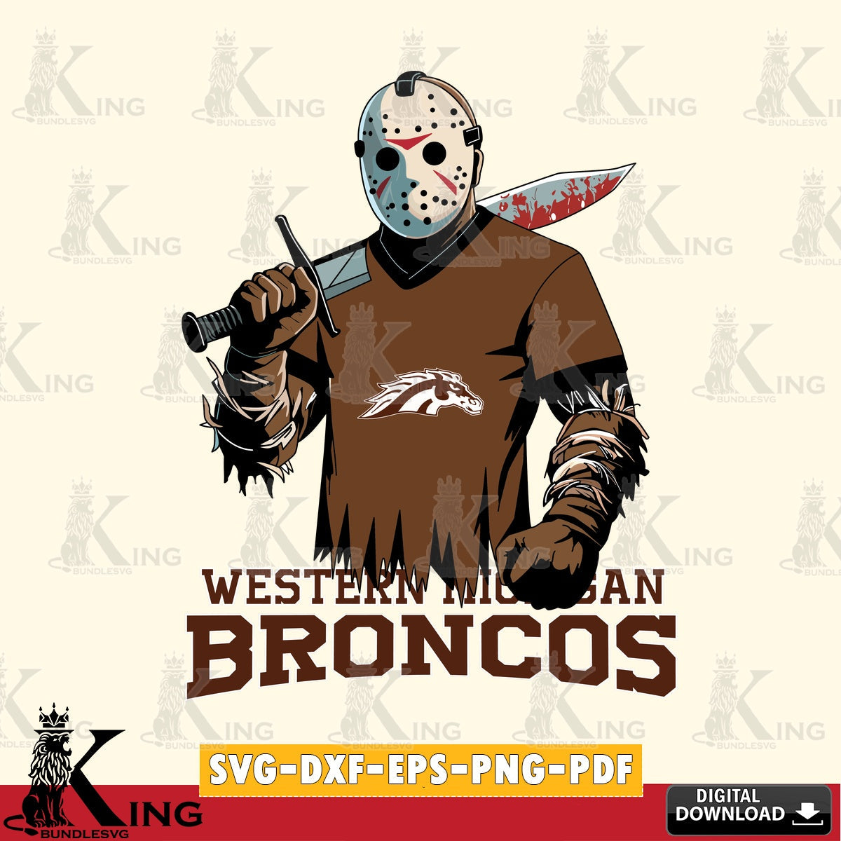 Artistic drawing of Western Michigan Broncos Jason Voorhees football, cut file ideal for vinyl projects and T-shirt printing