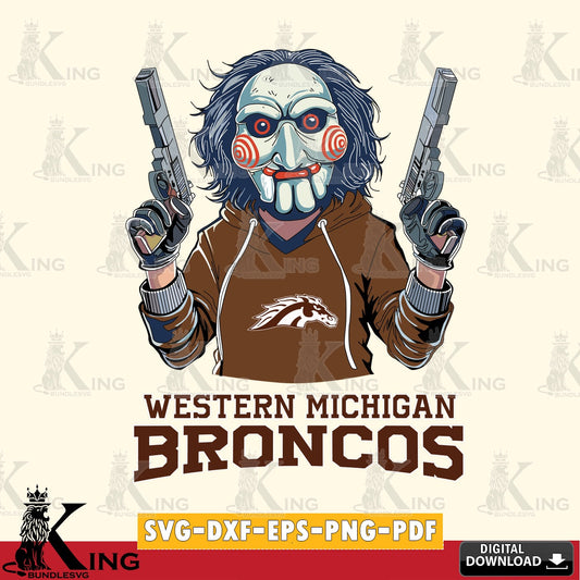 Modern graphic depicting Western Michigan Broncos Jigsaw Billy Football, PNG clipart for sublimation printing and graphic design