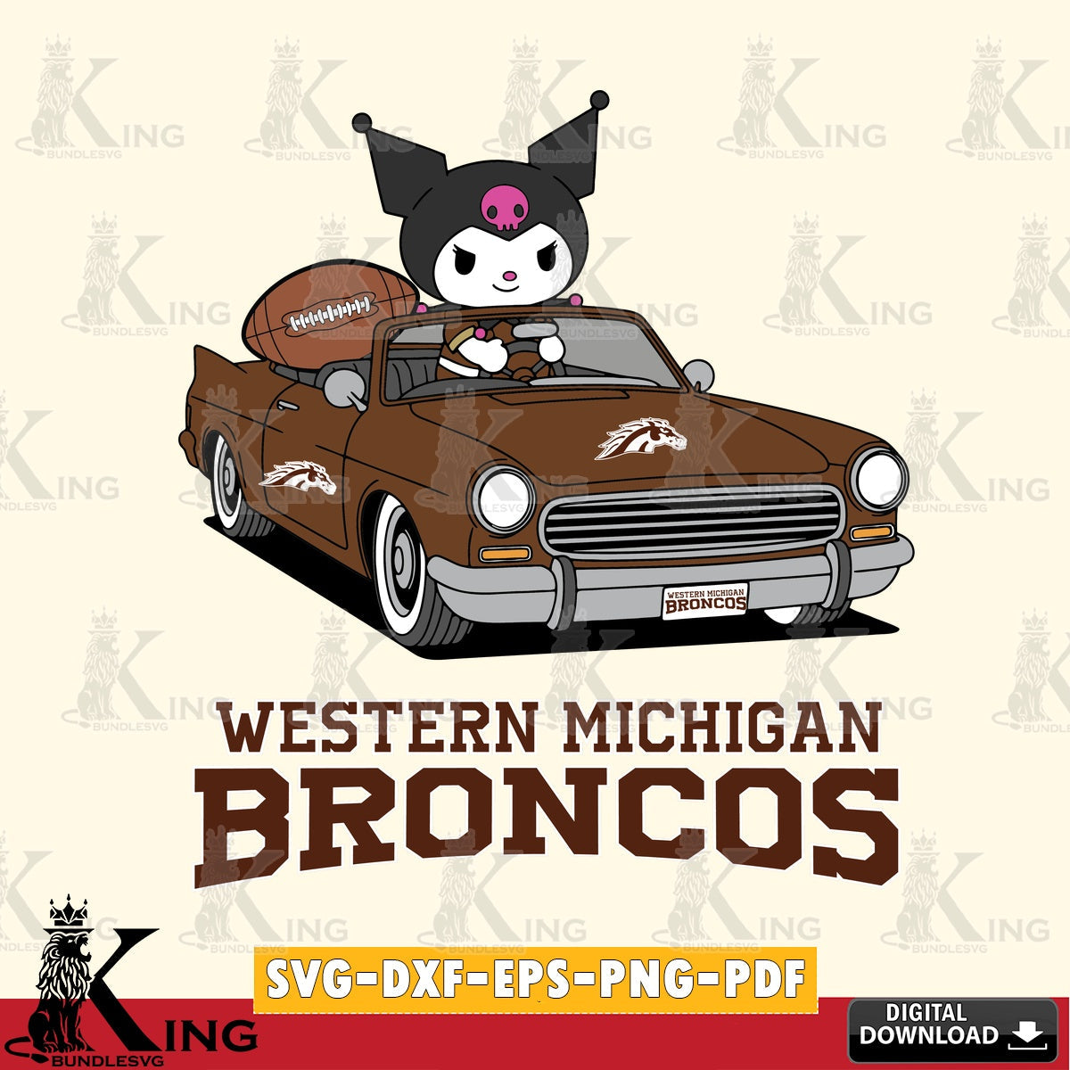 Western Michigan Broncos Kuromi Car Football Game SVG file, Cricut, Cut file  , Digital Download , Instant Download, Sanrio svg, Clipart