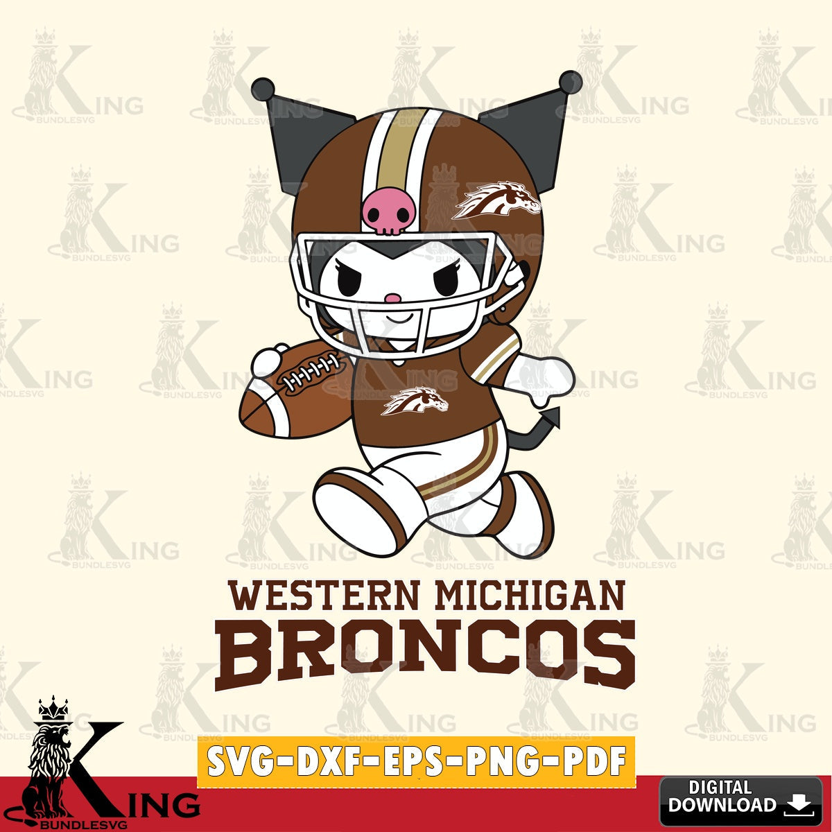 Western Michigan Broncos Kuromi Football Run SVG file, Cricut, Cut file  , Digital Download , Instant Download, Sanrio svg, Clipart