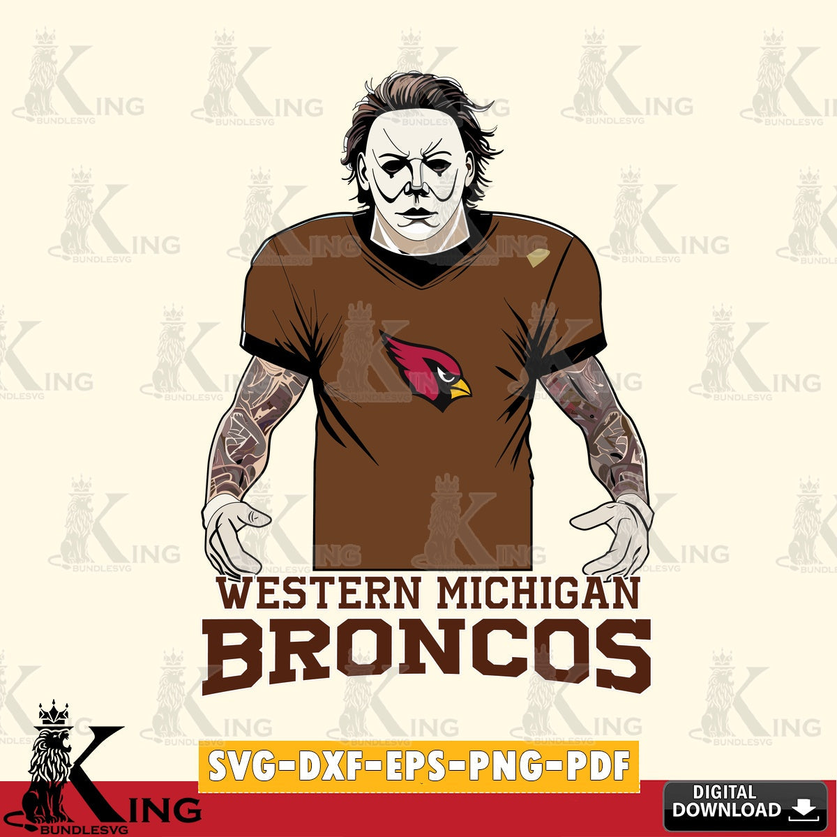 Detailed illustration of Western Michigan Broncos Michael Myers tattoo football, a digital download for Cricut Maker and paper