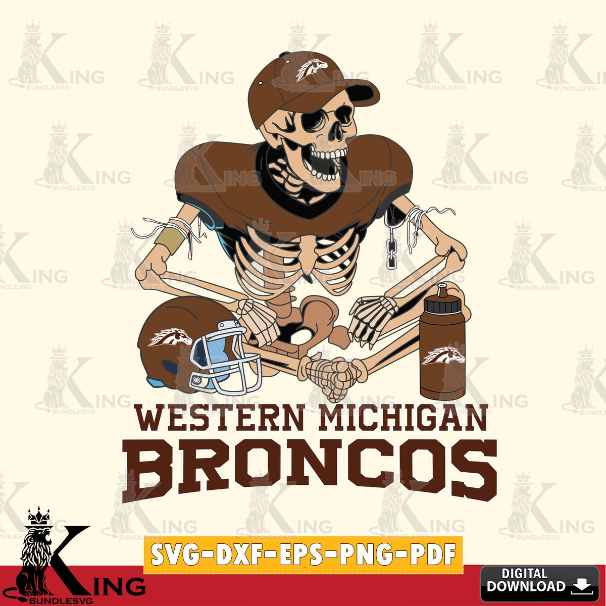 Modern graphic depicting a Western Michigan Broncos skeleton football player, PNG clipart for sublimation printing and graphic