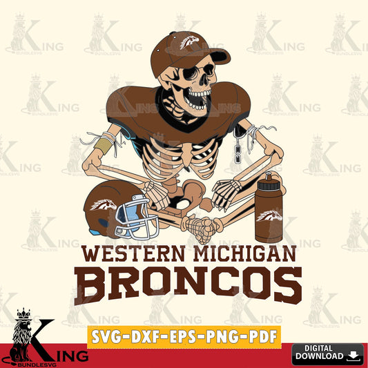 Modern graphic depicting a Western Michigan Broncos skeleton football player, PNG clipart for sublimation printing and graphic