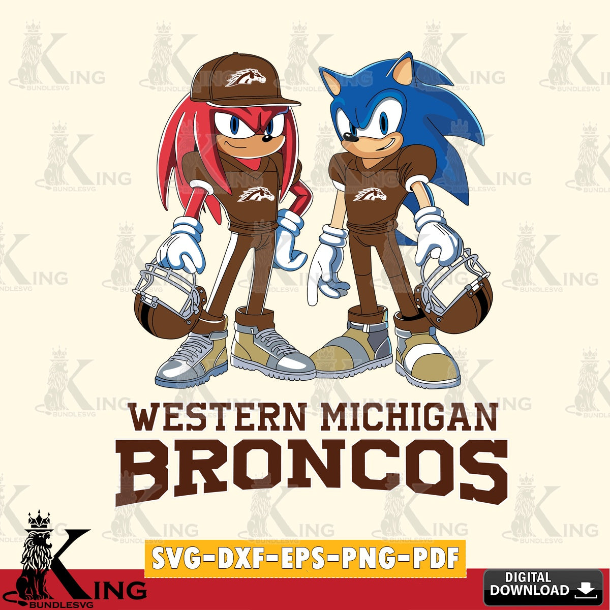 Digital download featuring Western Michigan Broncos Sonic and Knuckles football player, versatile clip art for stickers, decals,
