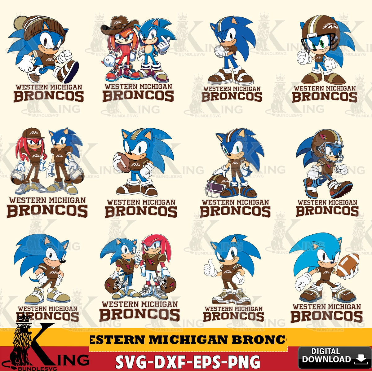 Jumbo collection of Western Michigan Broncos Sonic & Knuckles NCAA Football Bundle SVG PNG design suitable for Glowforge and