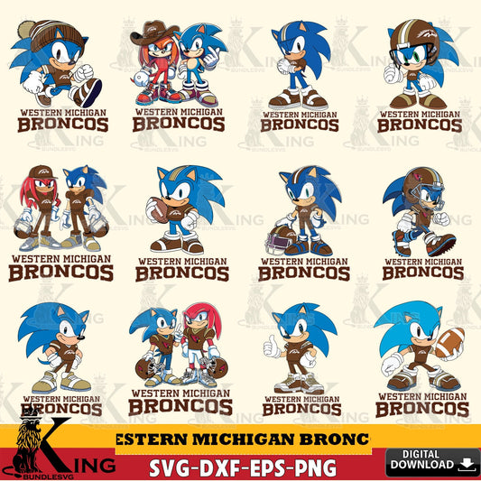 Jumbo collection of Western Michigan Broncos Sonic & Knuckles NCAA Football Bundle SVG PNG design suitable for Glowforge and