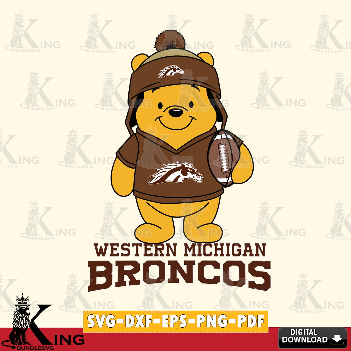 Printable art of Western Michigan Broncos Winnie the Pooh player Football, cut file ideal for vinyl projects and T-shirt printing
