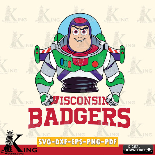 Digital download featuring Wisconsin Badgers Buzz Lightyear Football, NCAA vector illustration for POD merchandise and apparel.