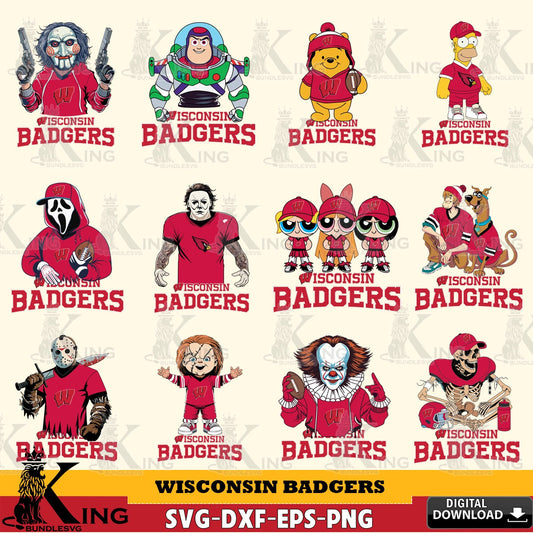 Mega bundle containing a Wisconsin Badgers cartoon football NCAA design SVG cut file for personalized gifts and laser projects.